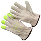 4364GHV.  Unlined Cowhide Drivers, green Hi-Vis finger tips, Logo. XS TO XXL. PRICE PER DOZEN.